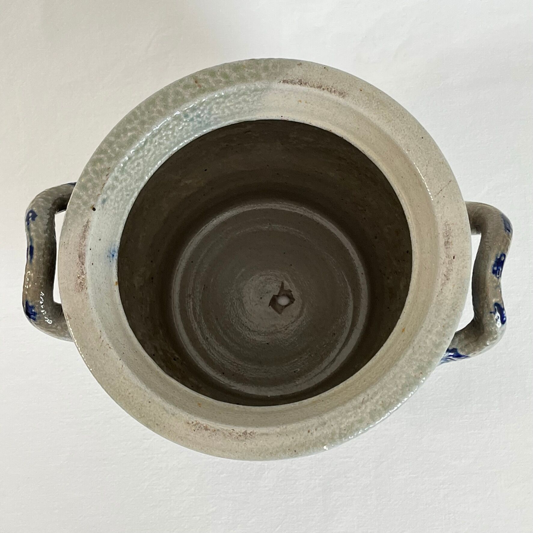 Salt glazed stoneware pot, cobalt oxide decoration