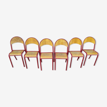 Lot de 6 chaise en métal rouge - bois - atelier - industriel - école