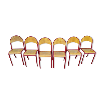 Lot de 6 chaise en métal rouge - bois - atelier - industriel - école