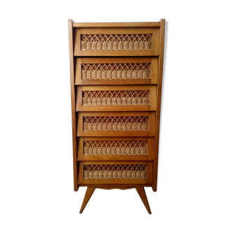 Chiffonier pieds compas bois et rotin 1950