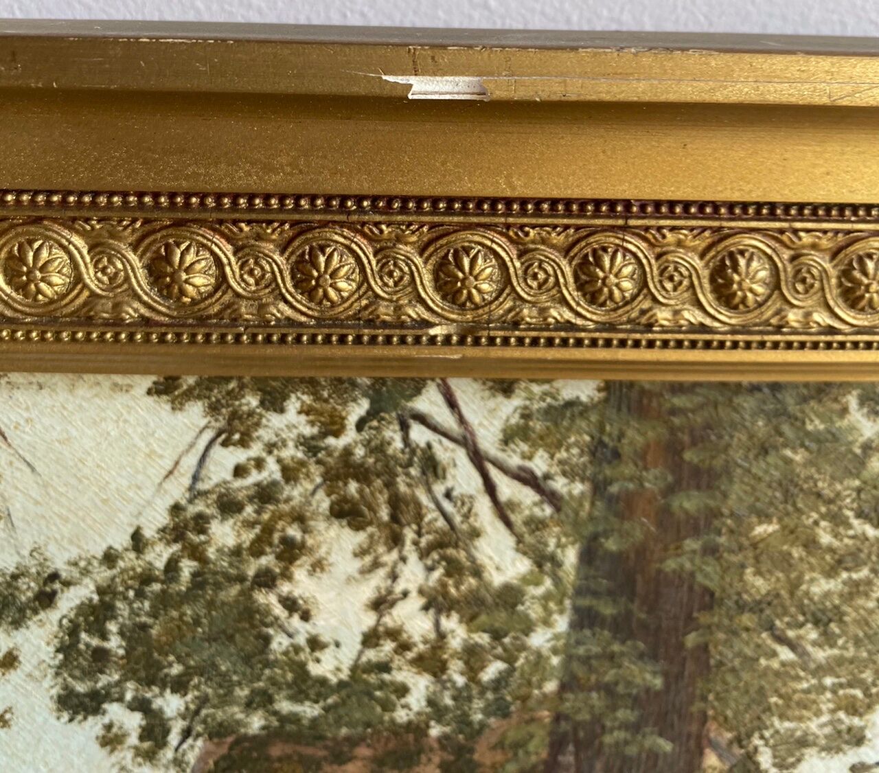 Ancient painting, landscape at the river signed and dated 1946