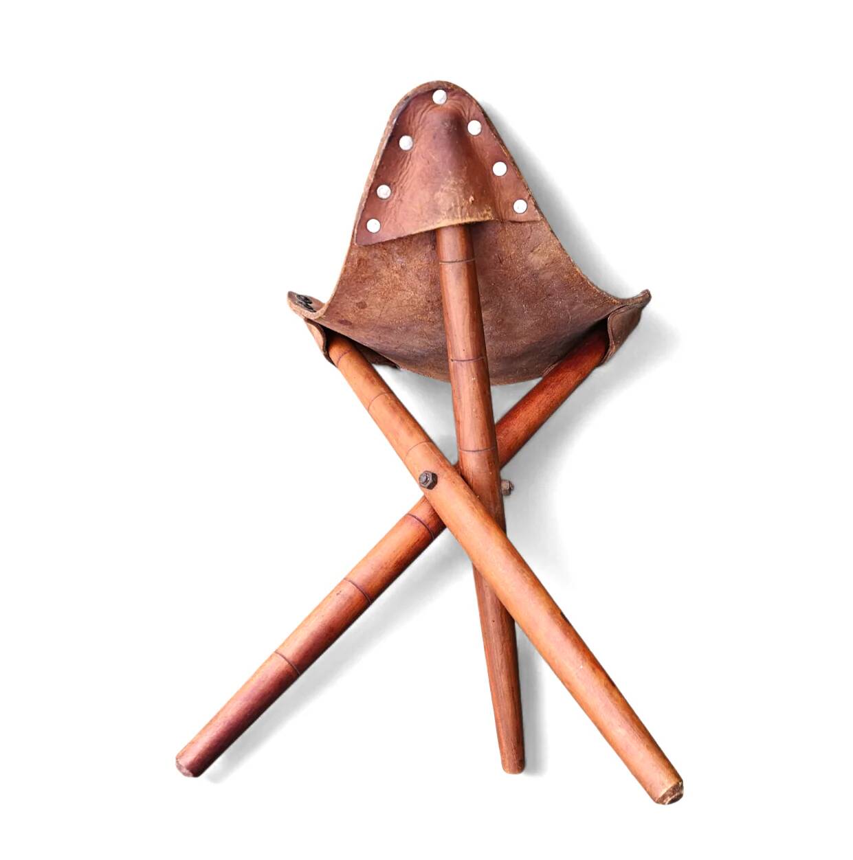 2 x matching vintage tooled leather tripod chair / camp chair