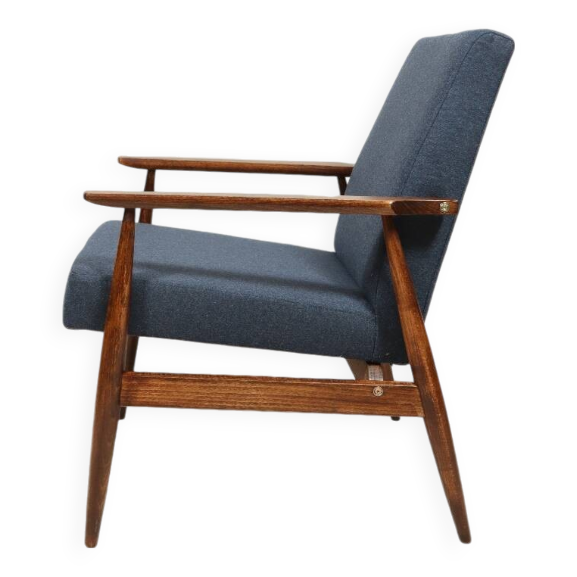 Scandinavian armchair navy blue natural wool dark brown wood design by H.Lis