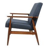 Scandinavian armchair navy blue natural wool dark brown wood design by H.Lis