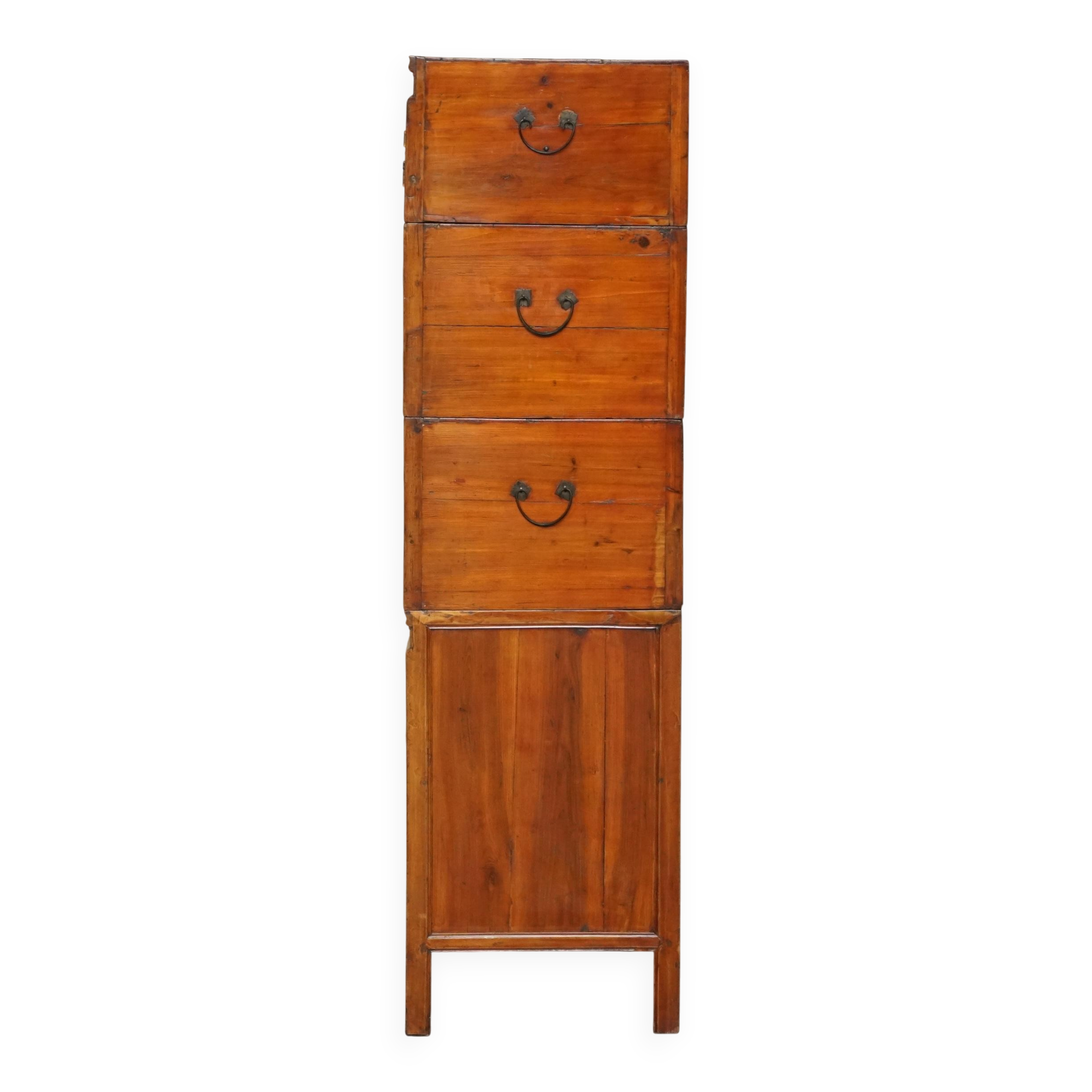 Antique Chinese armoire hand-carved around 1880 with country-style handles.
