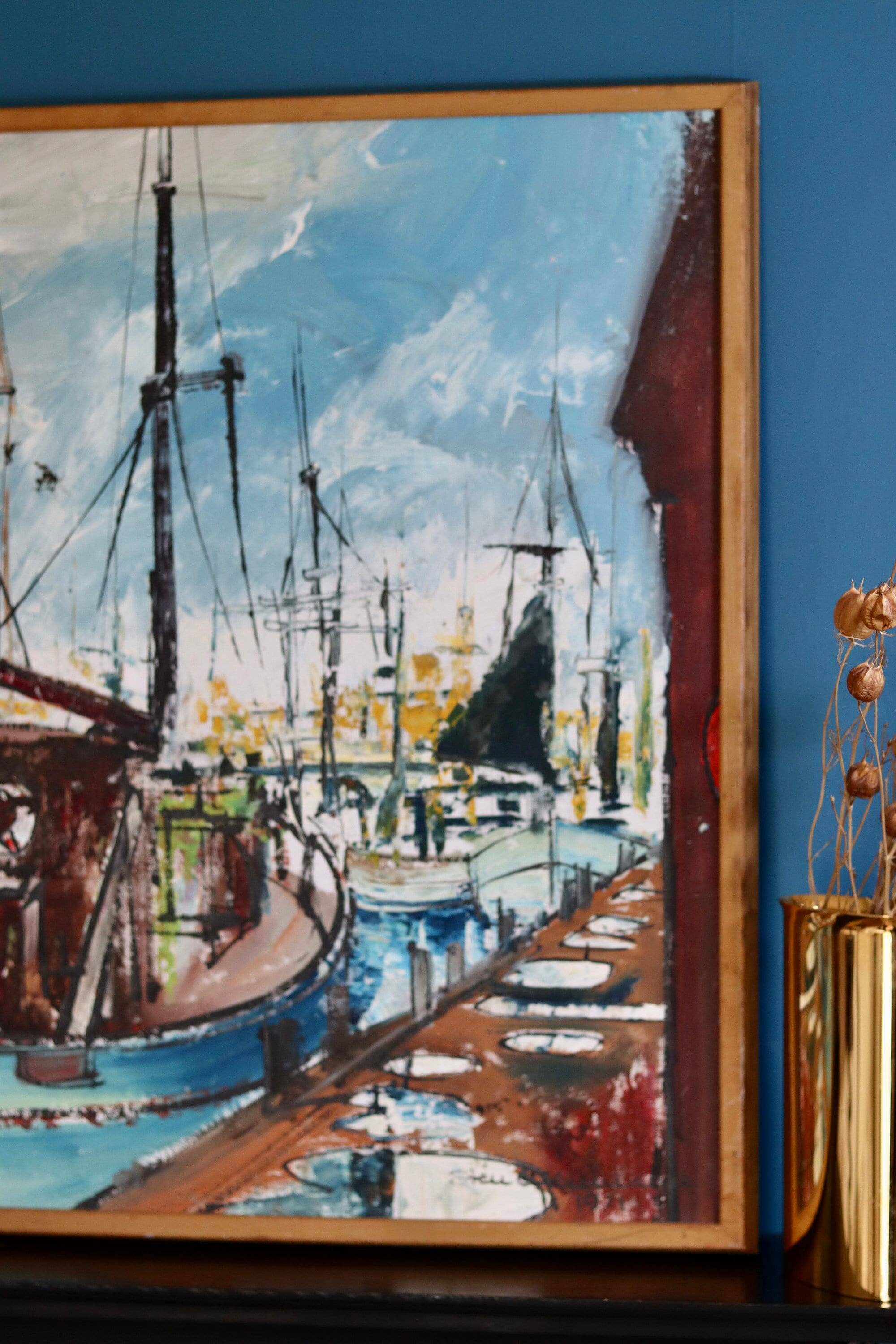 Original Swedish oil on canvas from the mid-century "Marina" by Steu (1971) - Framed
