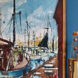 Huile sur toile originale suédoise du milieu du siècle « Marina » de Steu (1971) - Encadrée