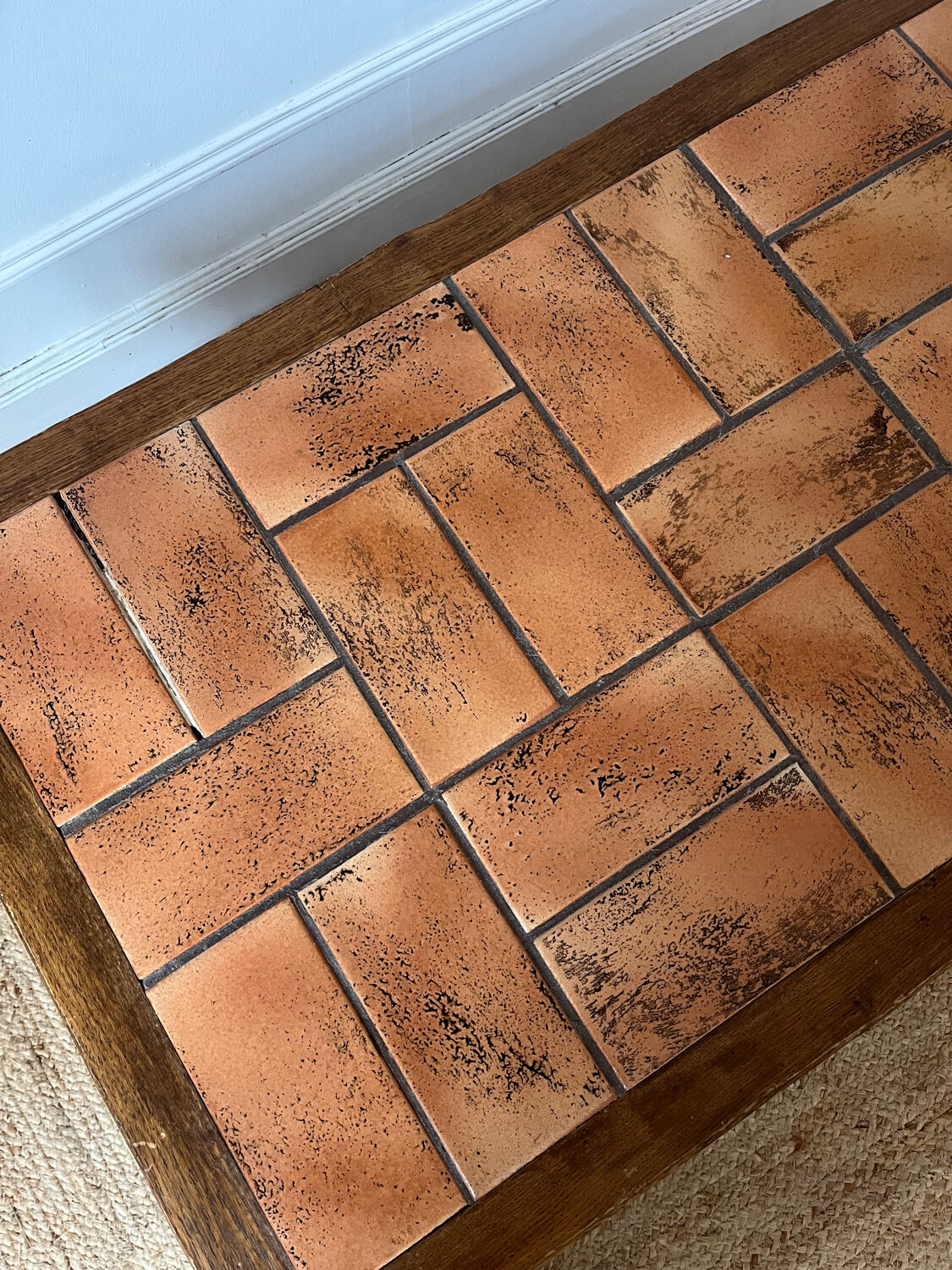 Oak and ceramic coffee table from the mid-20th century.