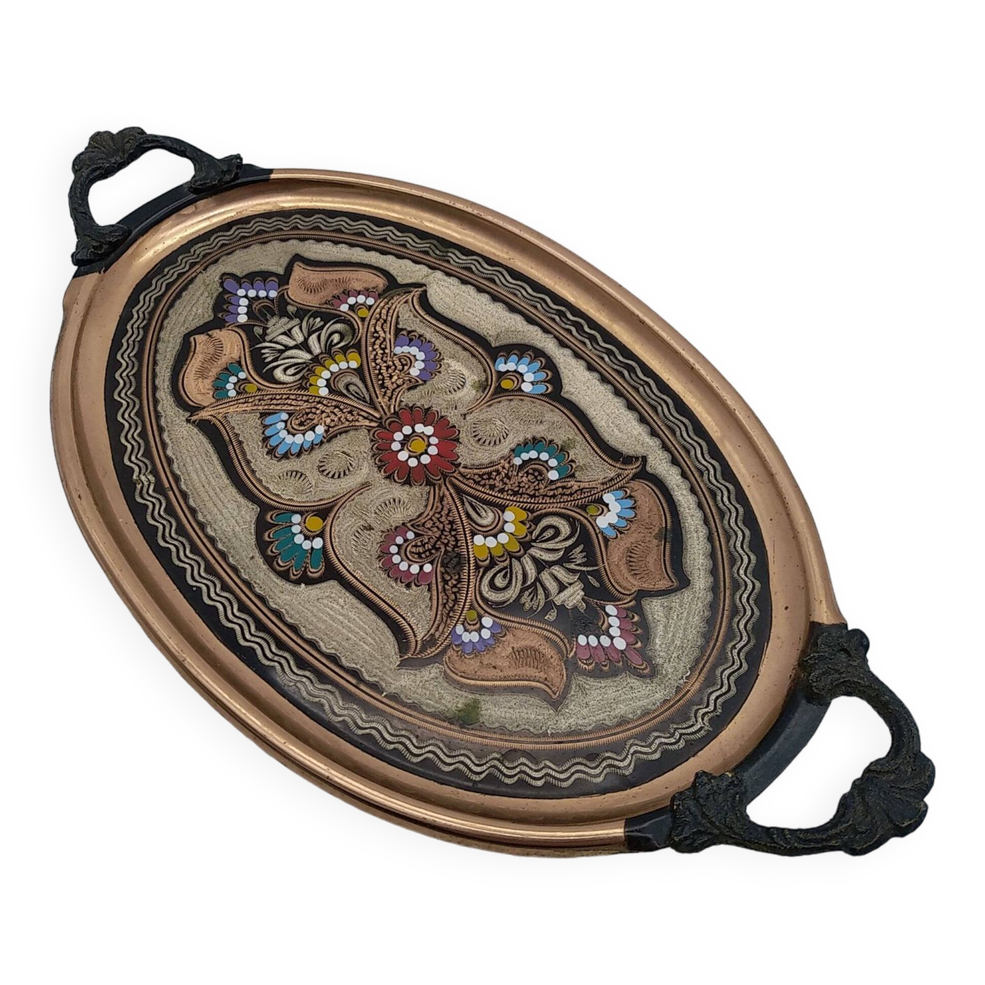 Turkish tea or coffee serving tray in chiseled copper.