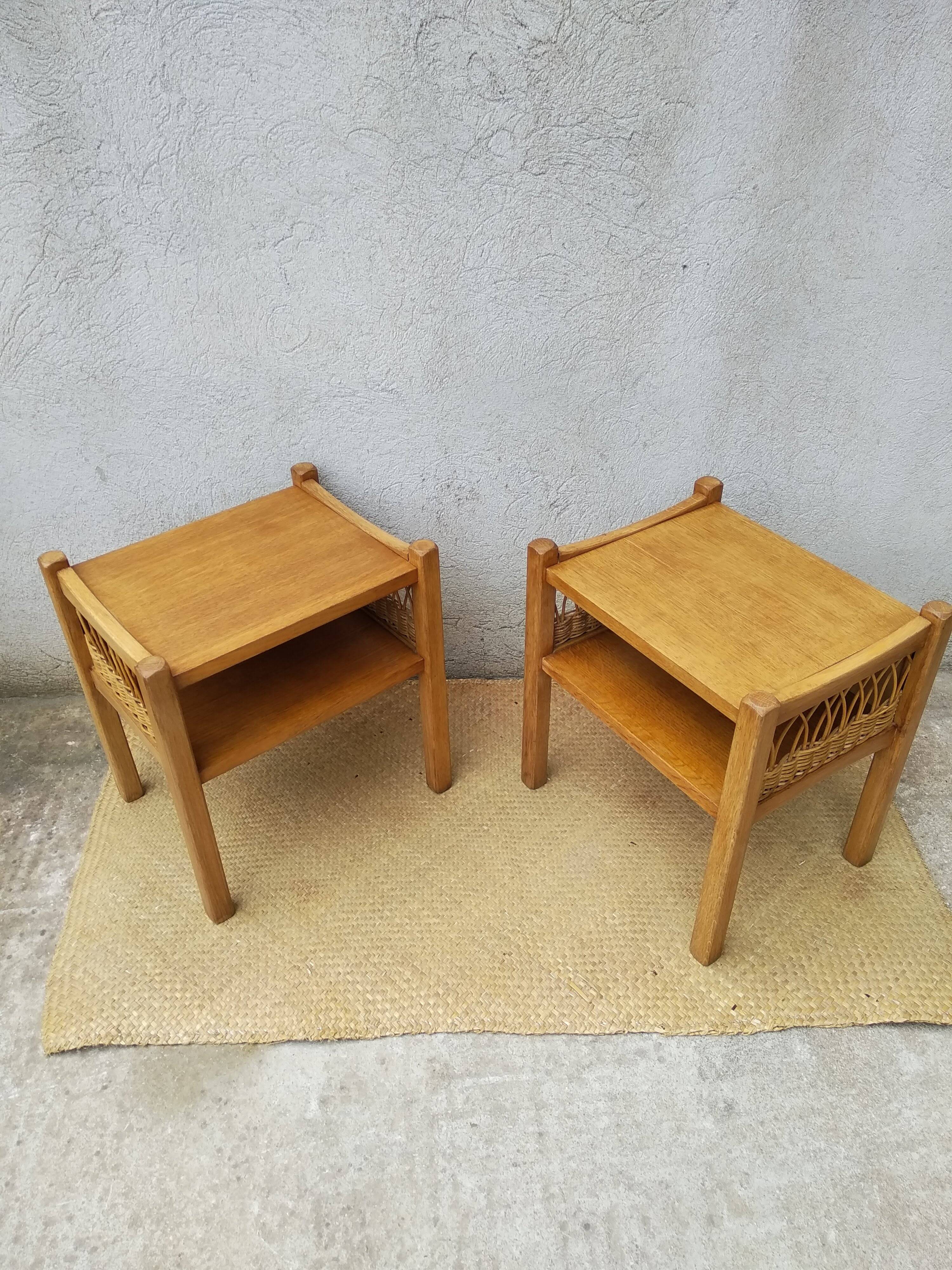 Paire de chevets bois et rotin