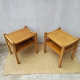 Pair of wooden and rattan bedside tables