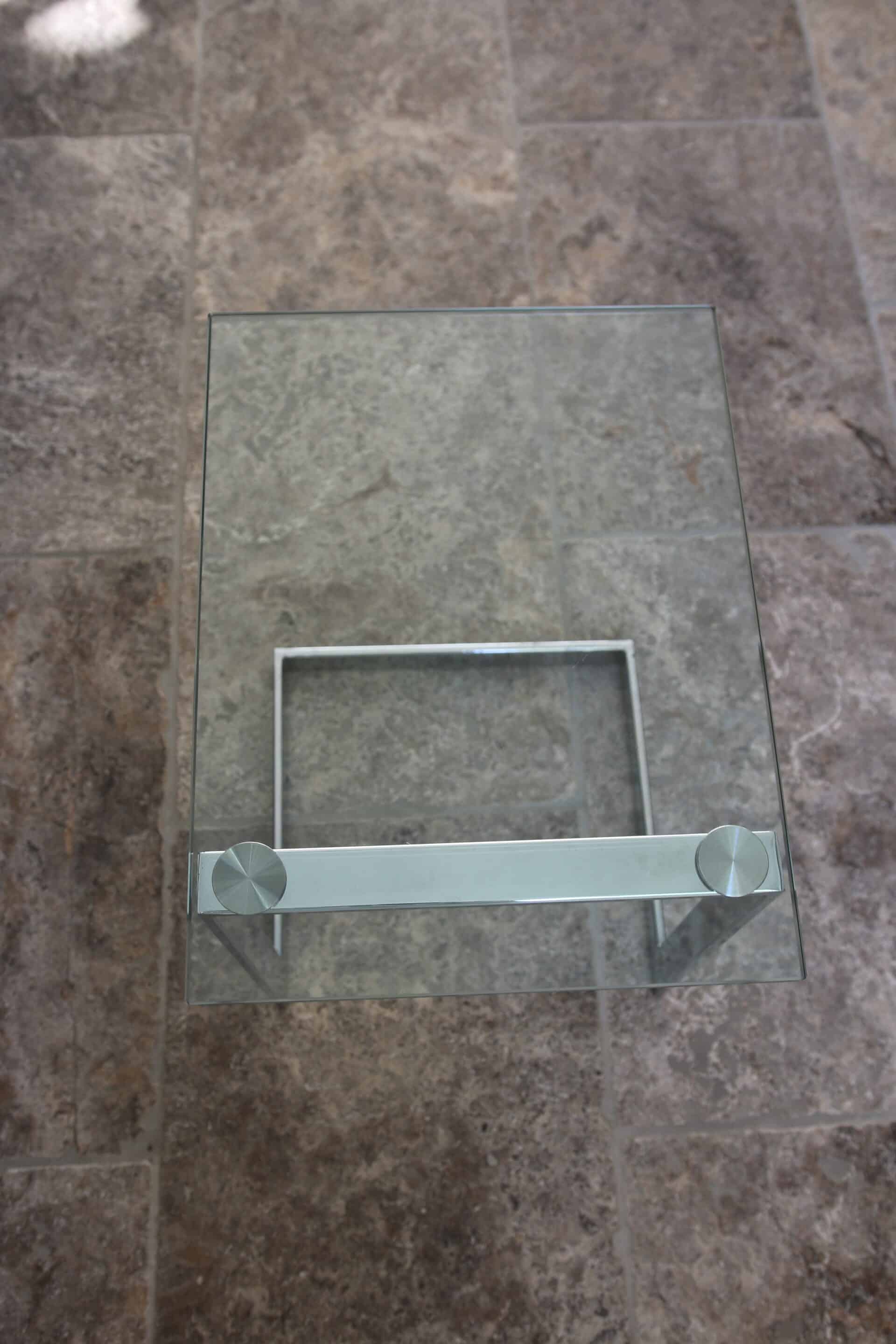 Table d’appoint verre, chrome  « Gebra », années 80, étiquette d'origine