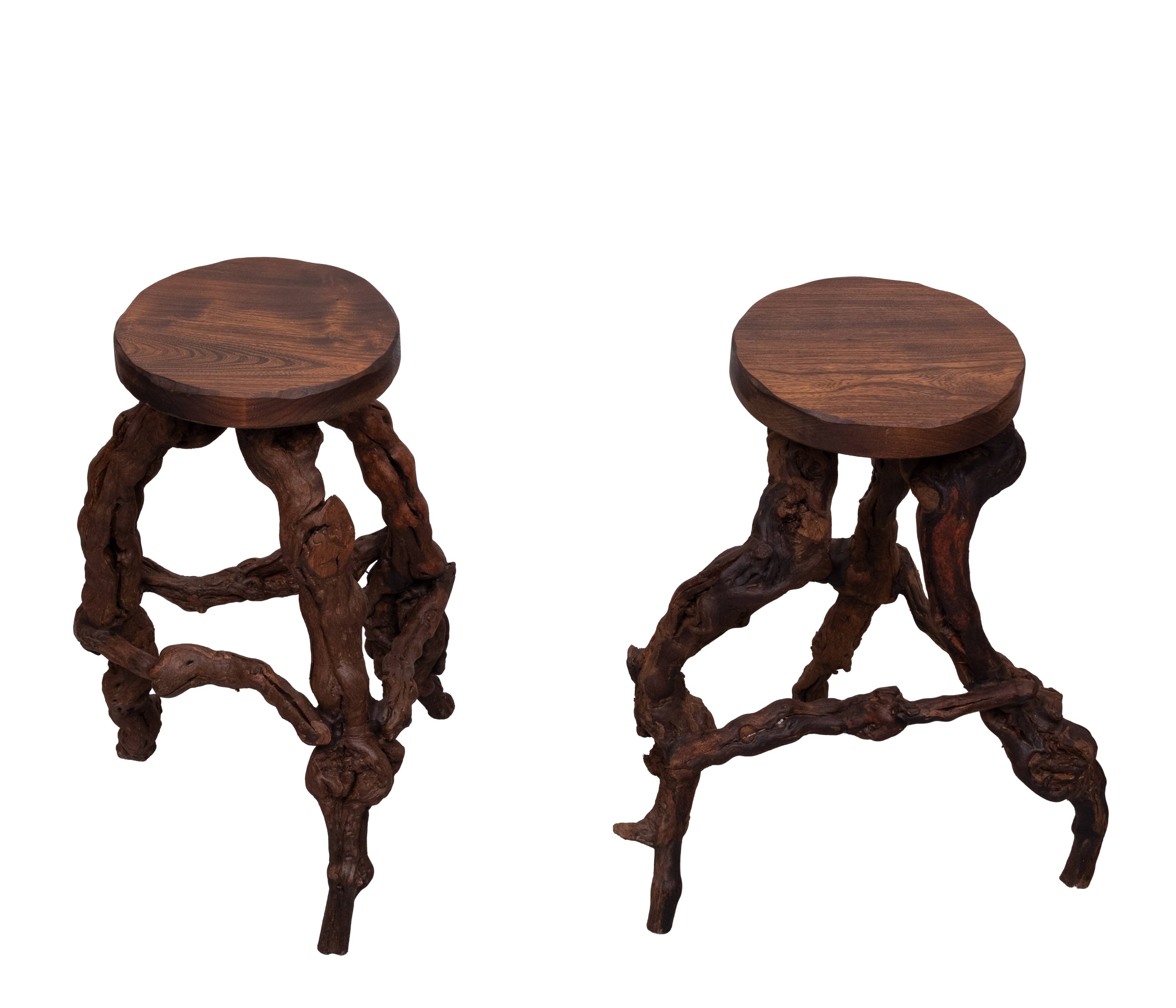 French, Set Of 2 Twisted Grape-vine Roots Bar Stools 1960s