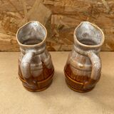 Paire ancien pichet revol 1/4l en céramique marron forme tonneau vintage