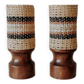Set of 2 wooden bedside lamps with woven shades, 1970s.