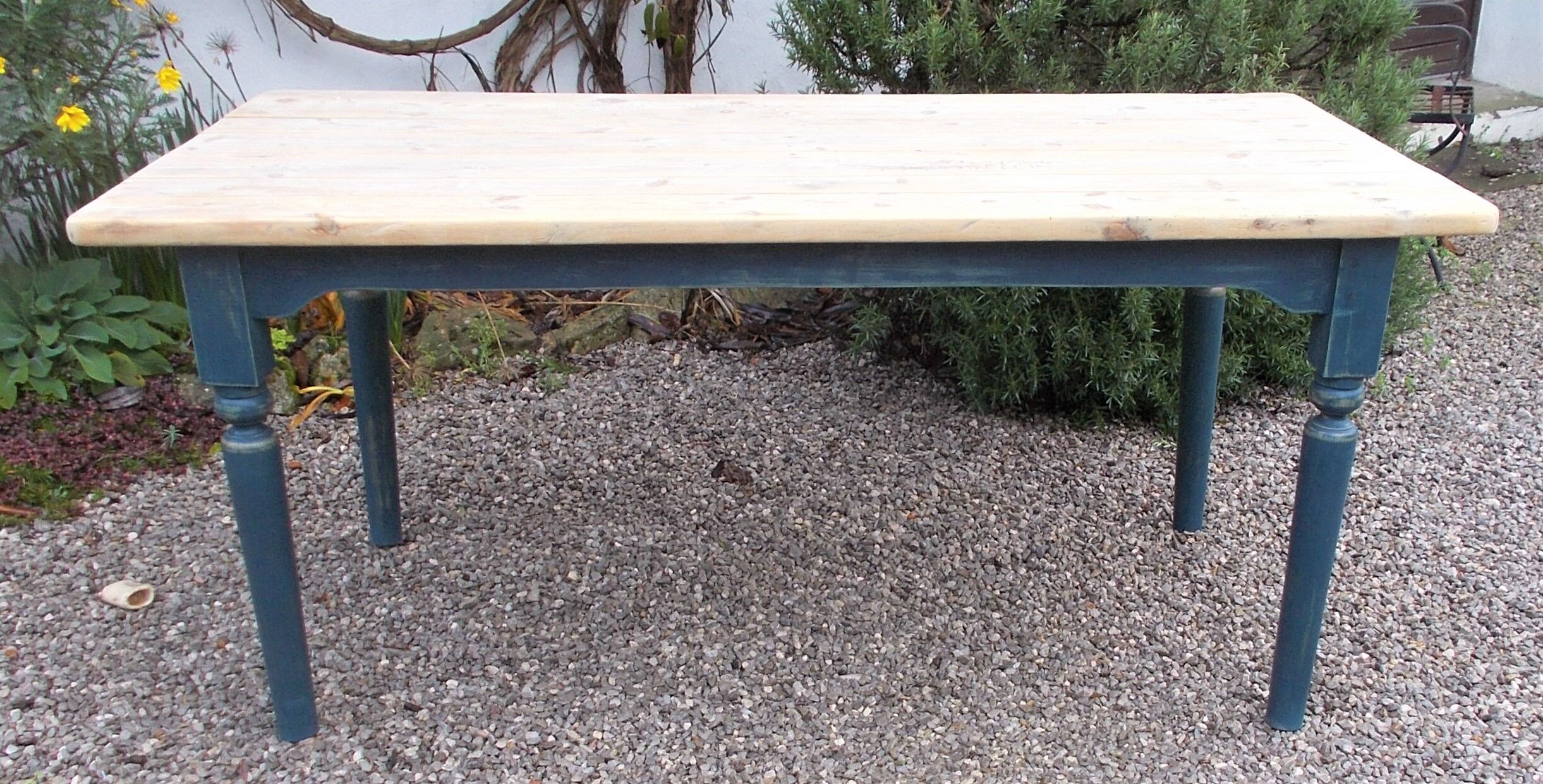 Antique kitchen table,19th c. French, pine, scrub top,blue painted legs