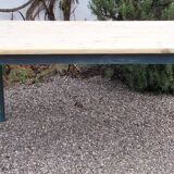 Antique kitchen table,19th c. French, pine, scrub top,blue painted legs