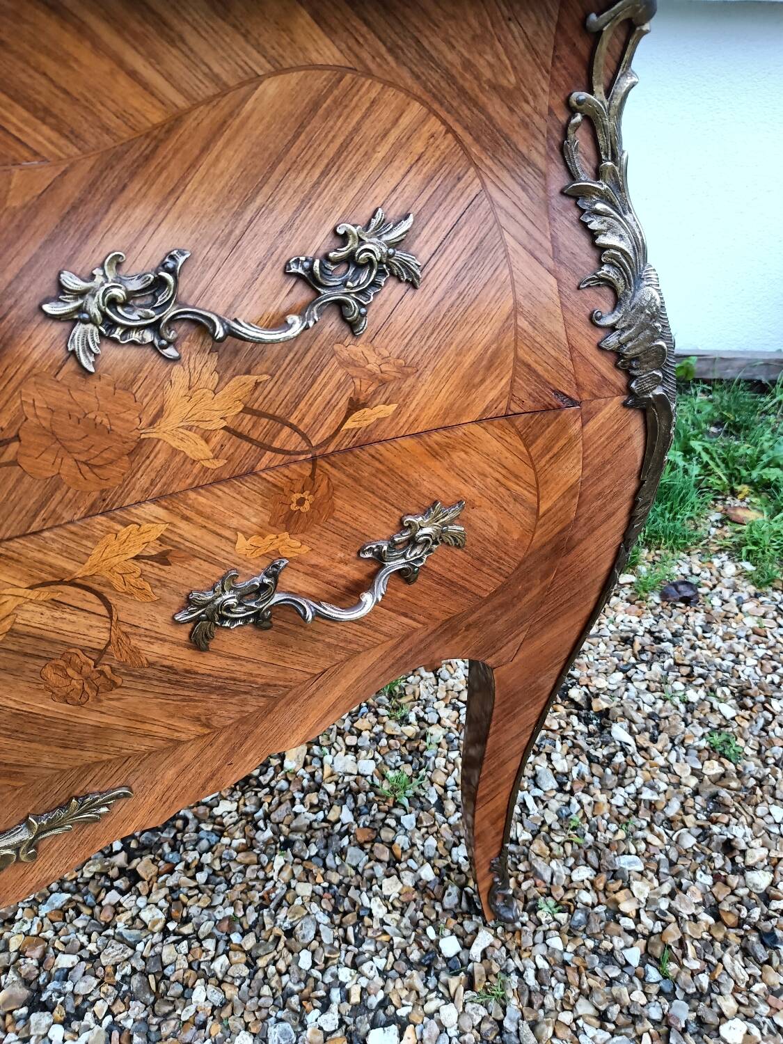 Old marquetry chest of drawers, Louis XV style marble top
