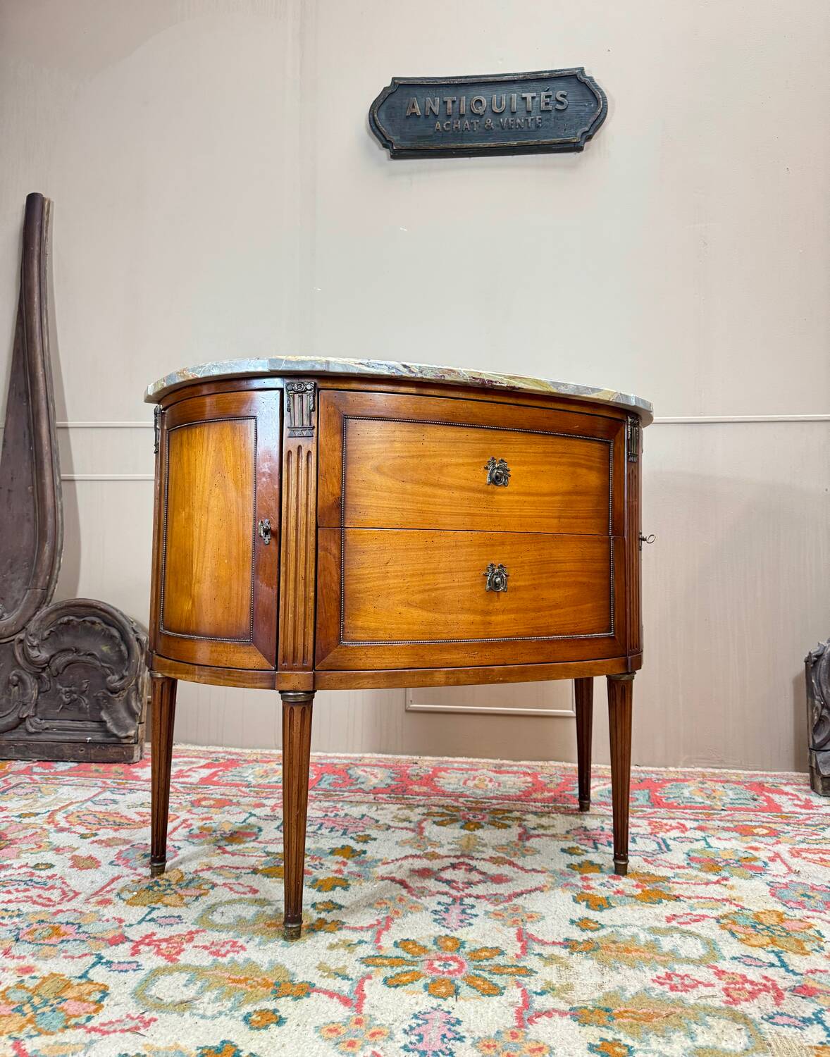 Louis XVI Style Mahogany Half Moon Chest of Drawers Stamped Mailfert