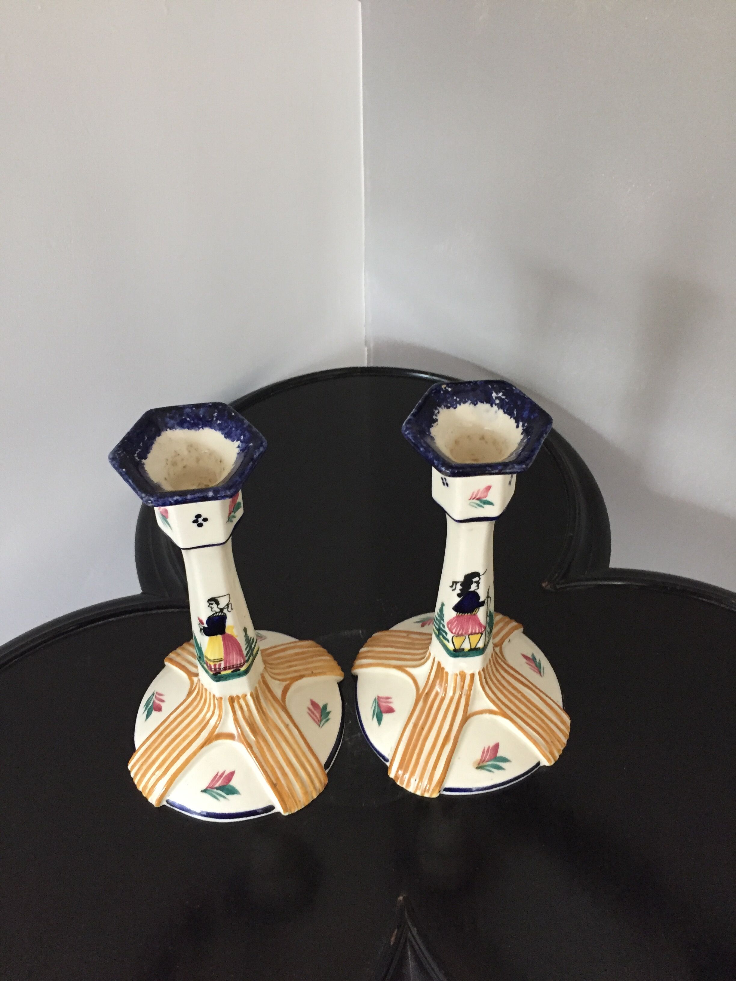 Pair of HB Quimper candle holders