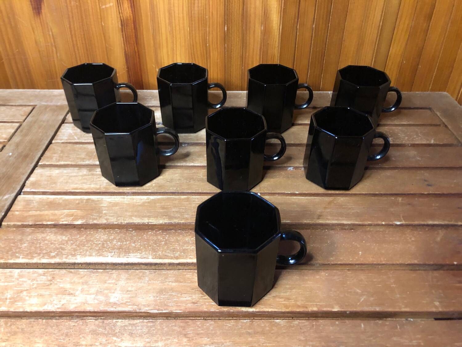 Series Of 8 ESSO Cups Black Ceramic Collection France Vintage