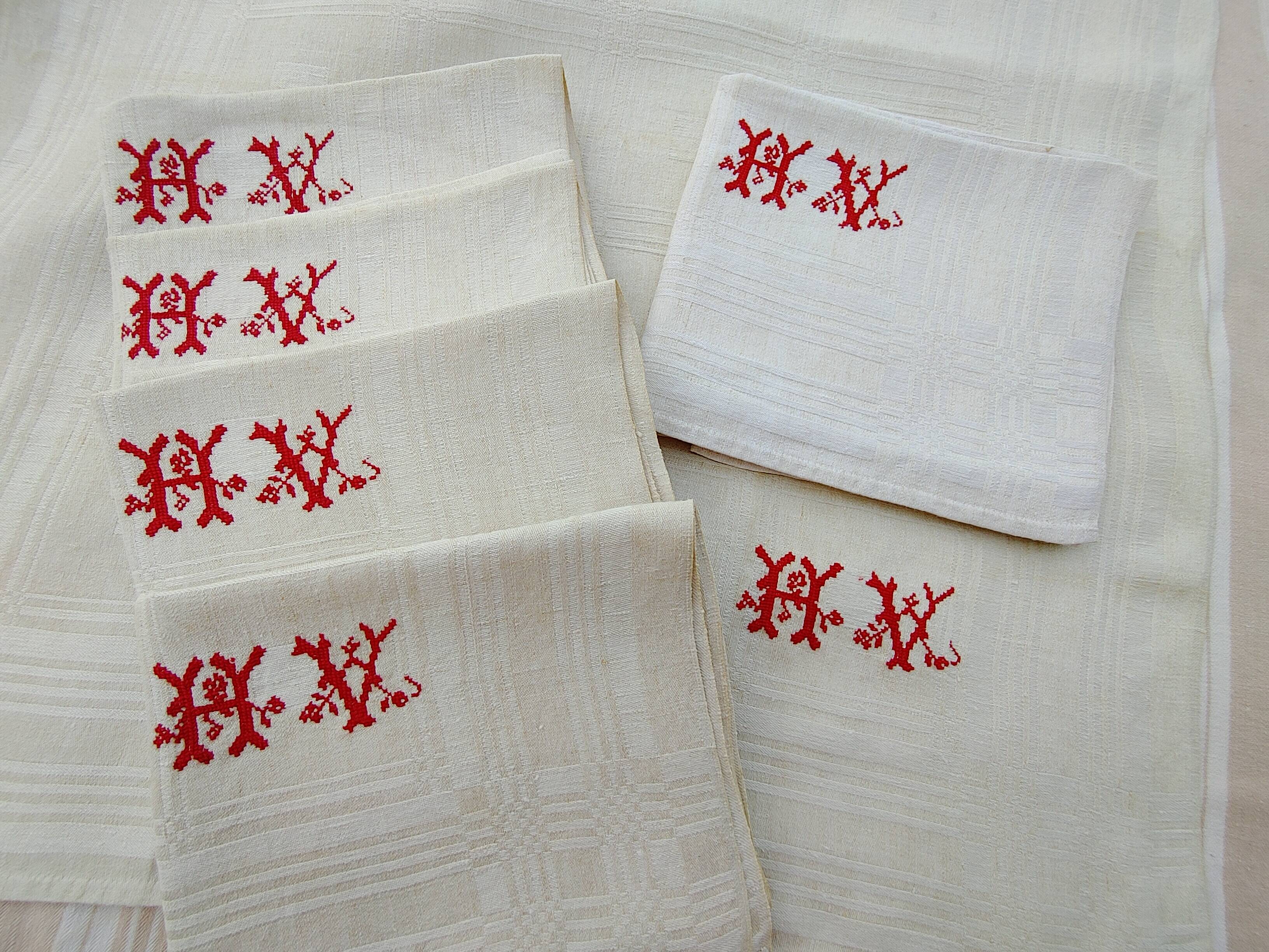 6 large towels or tea towels, damask linen Old linen never used