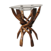 Table d'appoint pied six branches entrecoisées et plateau verre