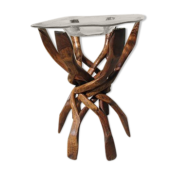 Table d'appoint pied six branches entrecoisées et plateau verre