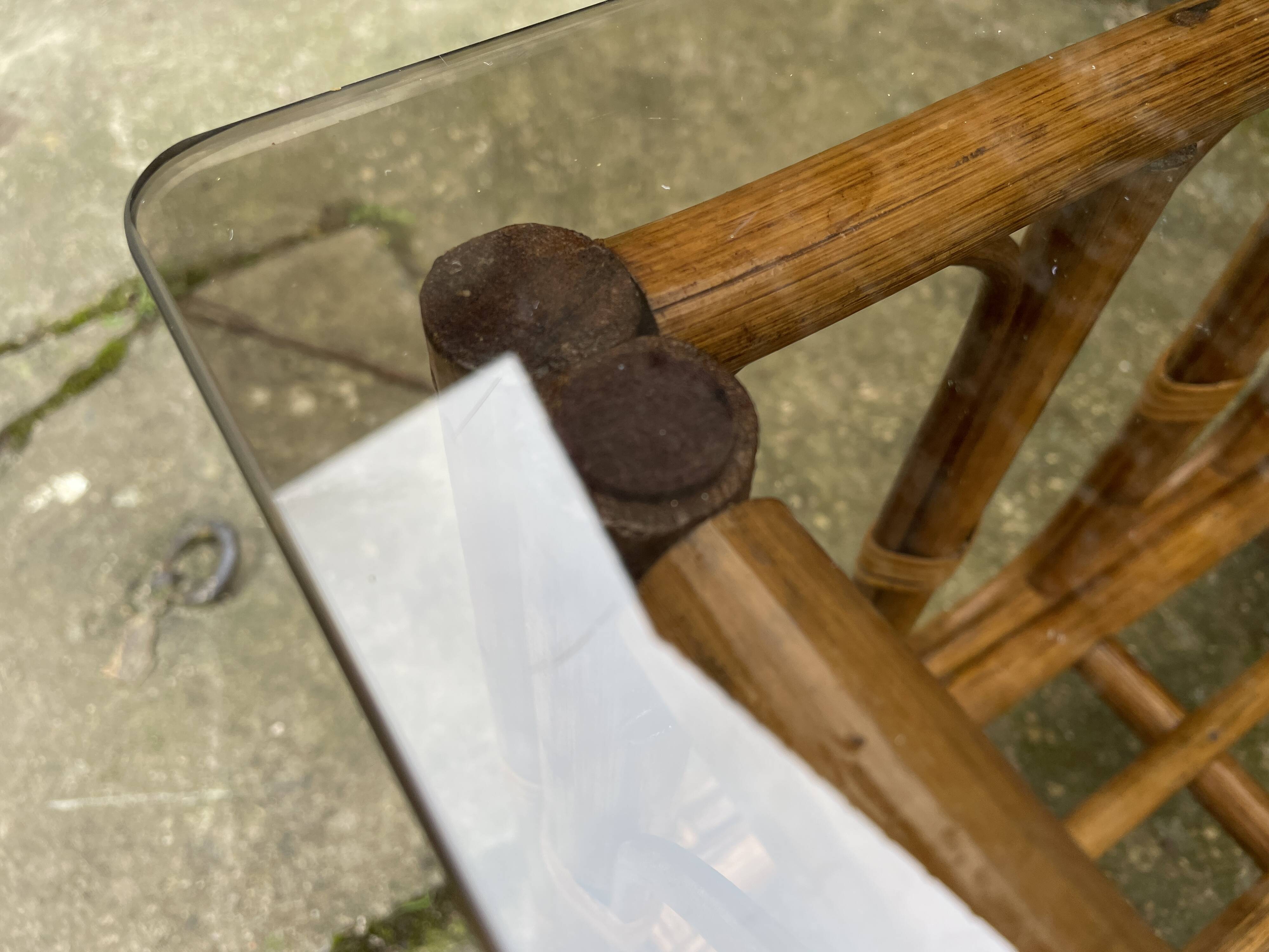 Square coffee table in smoked glass and bamboo, 1970.