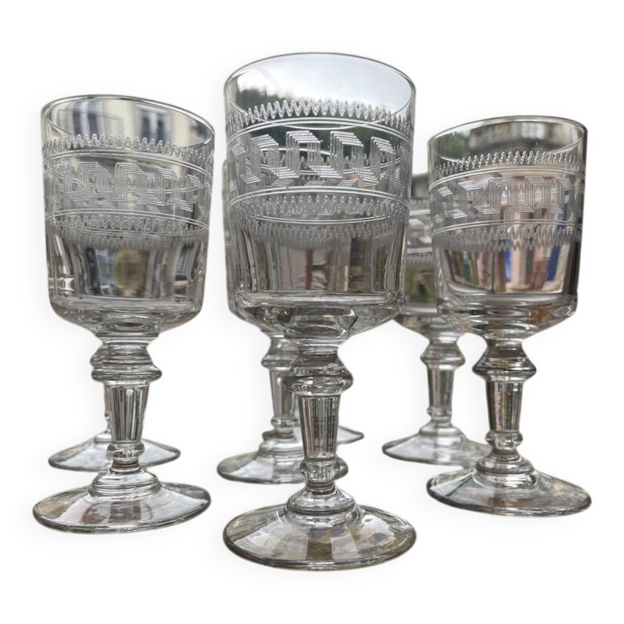 Set of 7 port or dessert wine glasses in ancient baccarat greek frieze