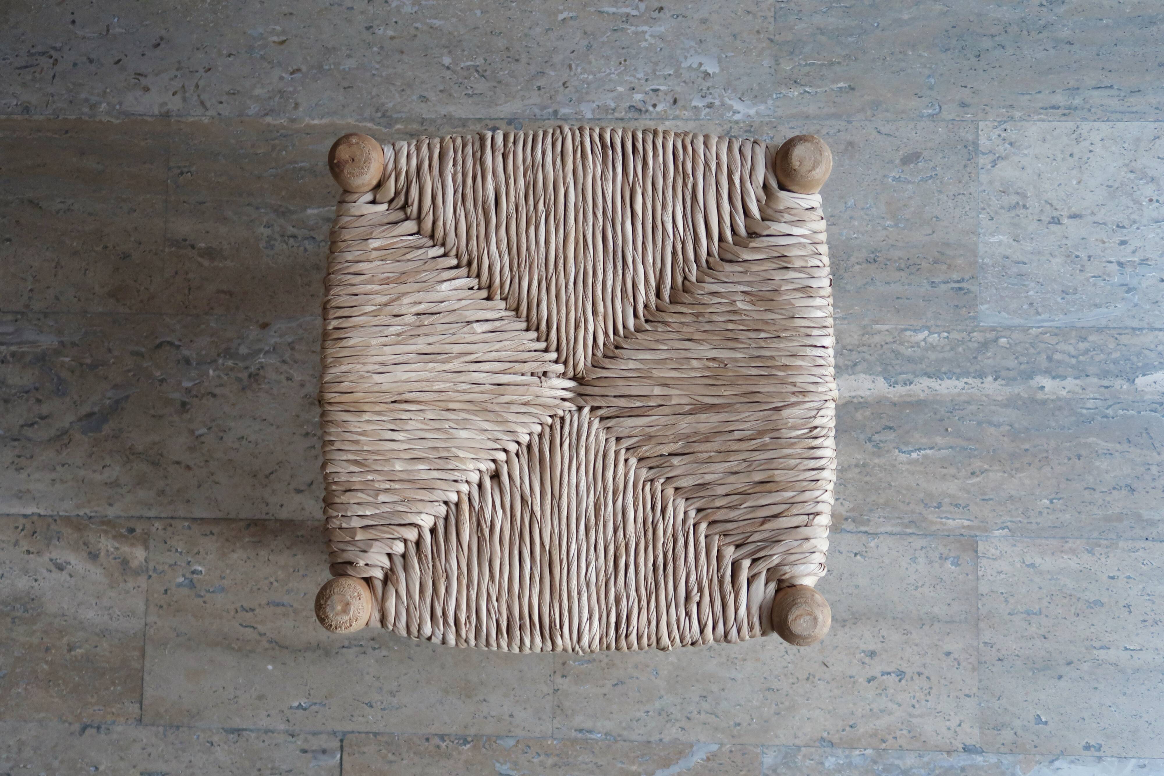 Low wooden straw stool, 1950s