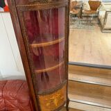 Corner display case in wood veneer with musical instrument marquetry