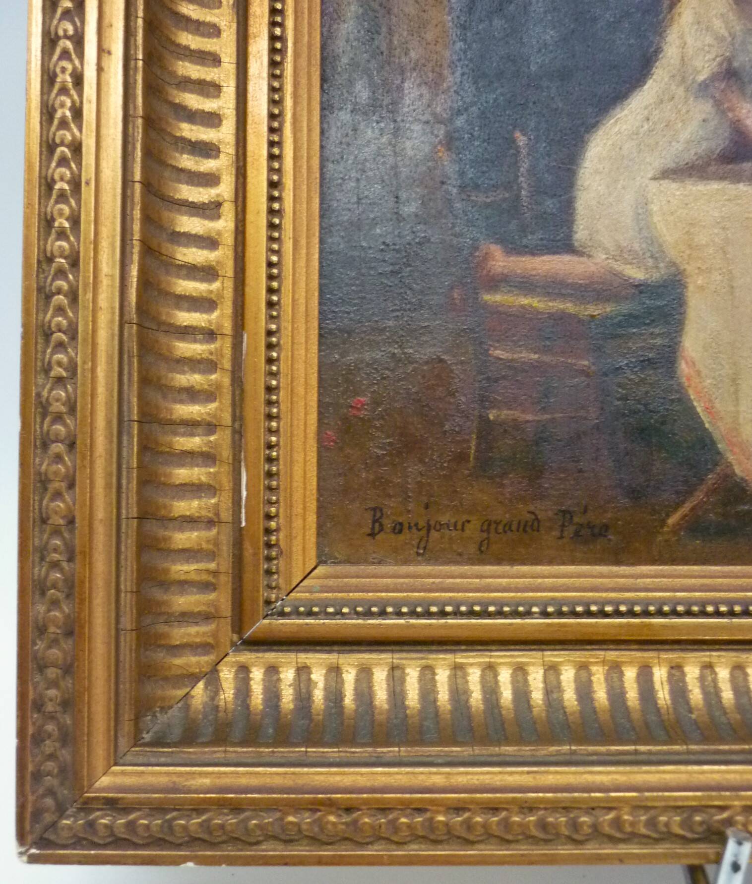 Tableau, huile sur panneau "Bonjour Grand Père", début XXème, cadre doré