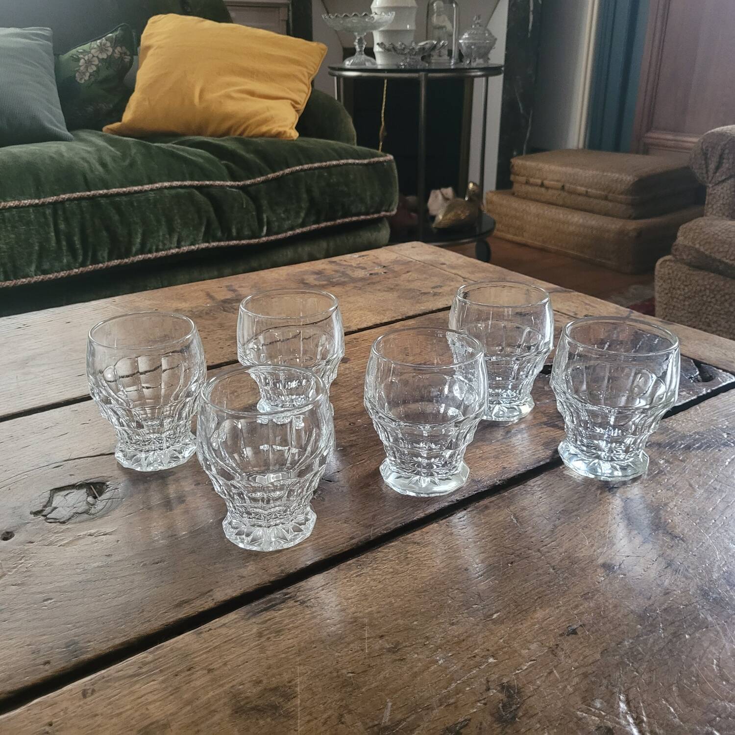 molded glass glasses with geometric decoration – France, 1950s