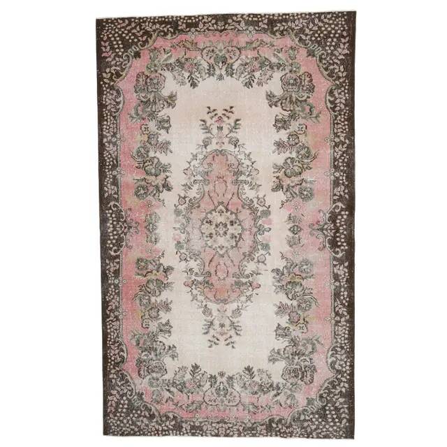 1970s Vintage Turkish Oushak Handmade Wool Cotton Pink Area Rug 173x293
