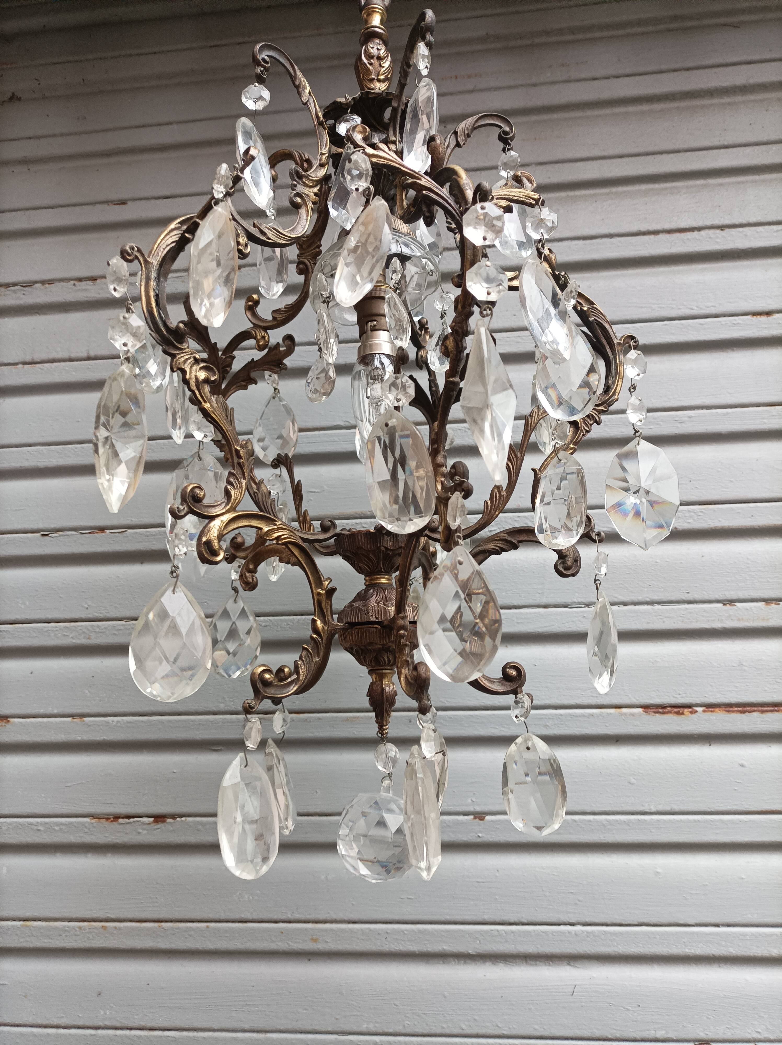 Rare old chandelier / lantern in patinated bronze, Louis XV style / working condition