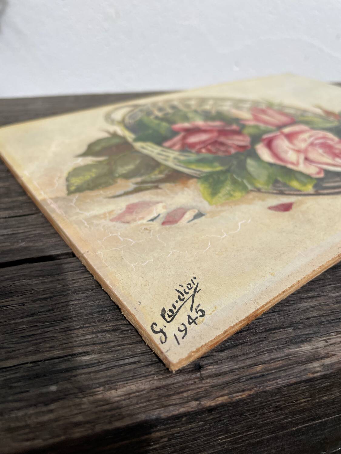 Painting basket of roses bouquet 1945 signed