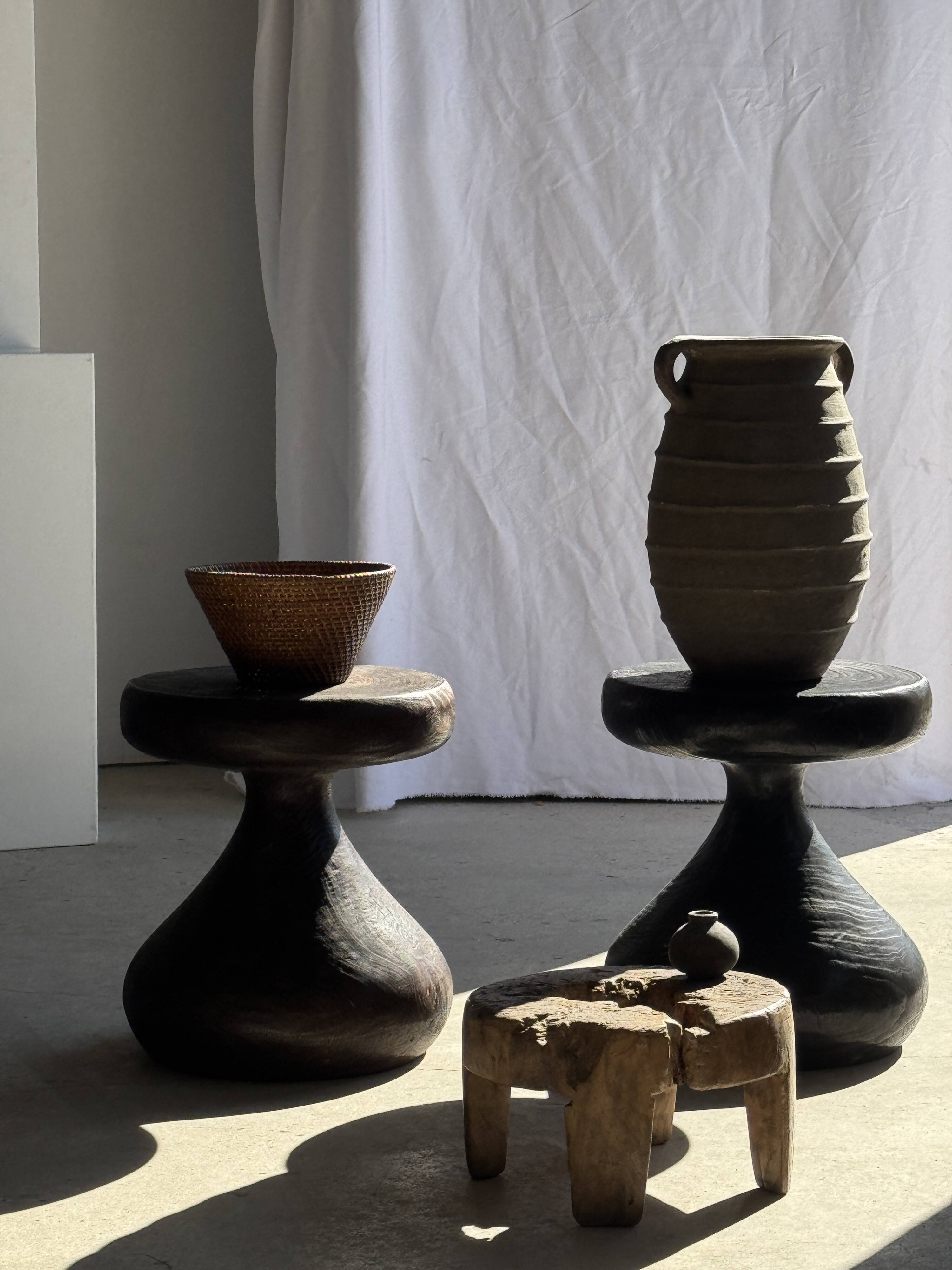 Large oval vase with double handles, featuring raised grey-beige stripes, H42 D28.