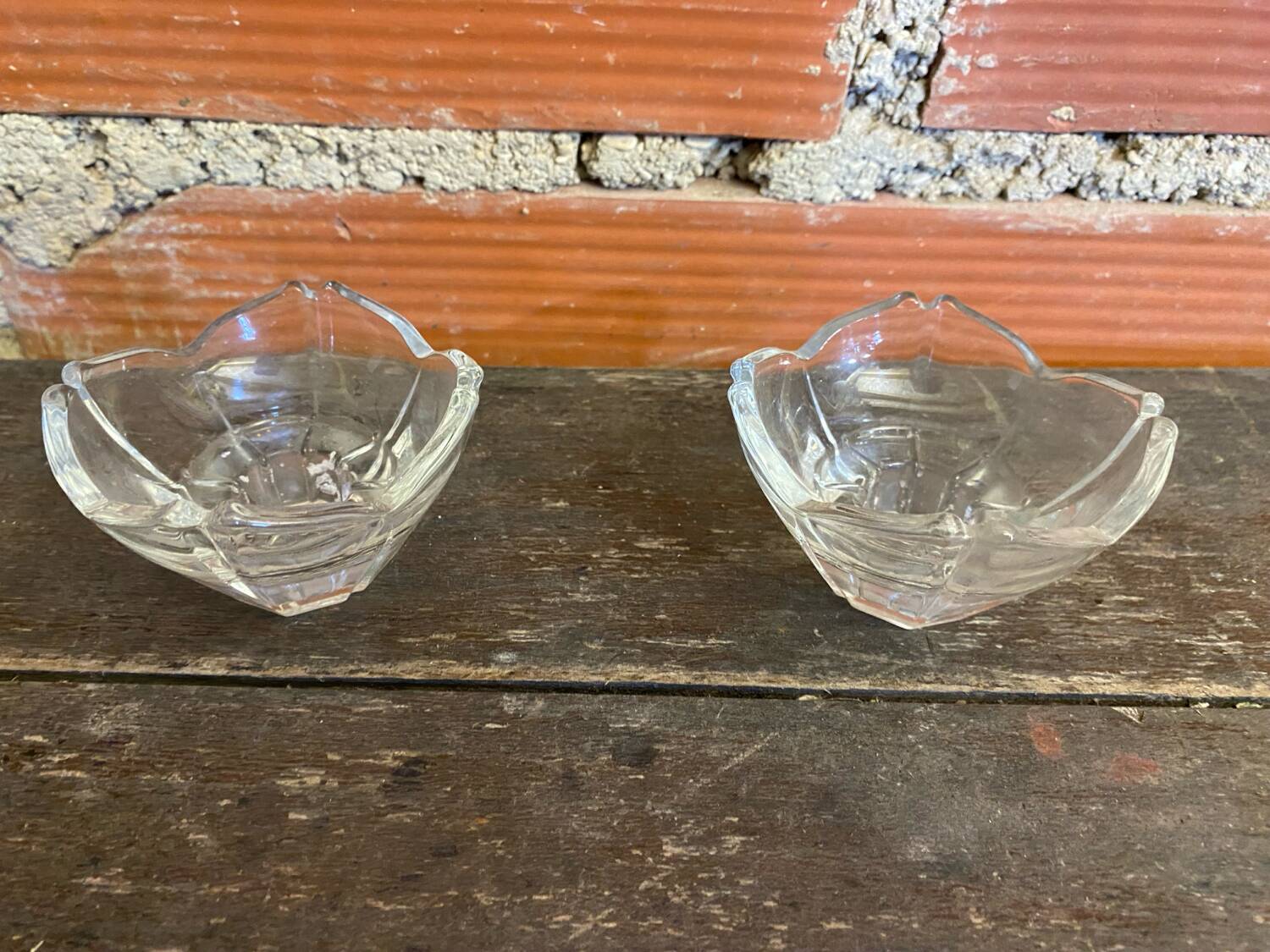 Paire de bougeoirs ancien design verre moulé forme pétale vintage #d829