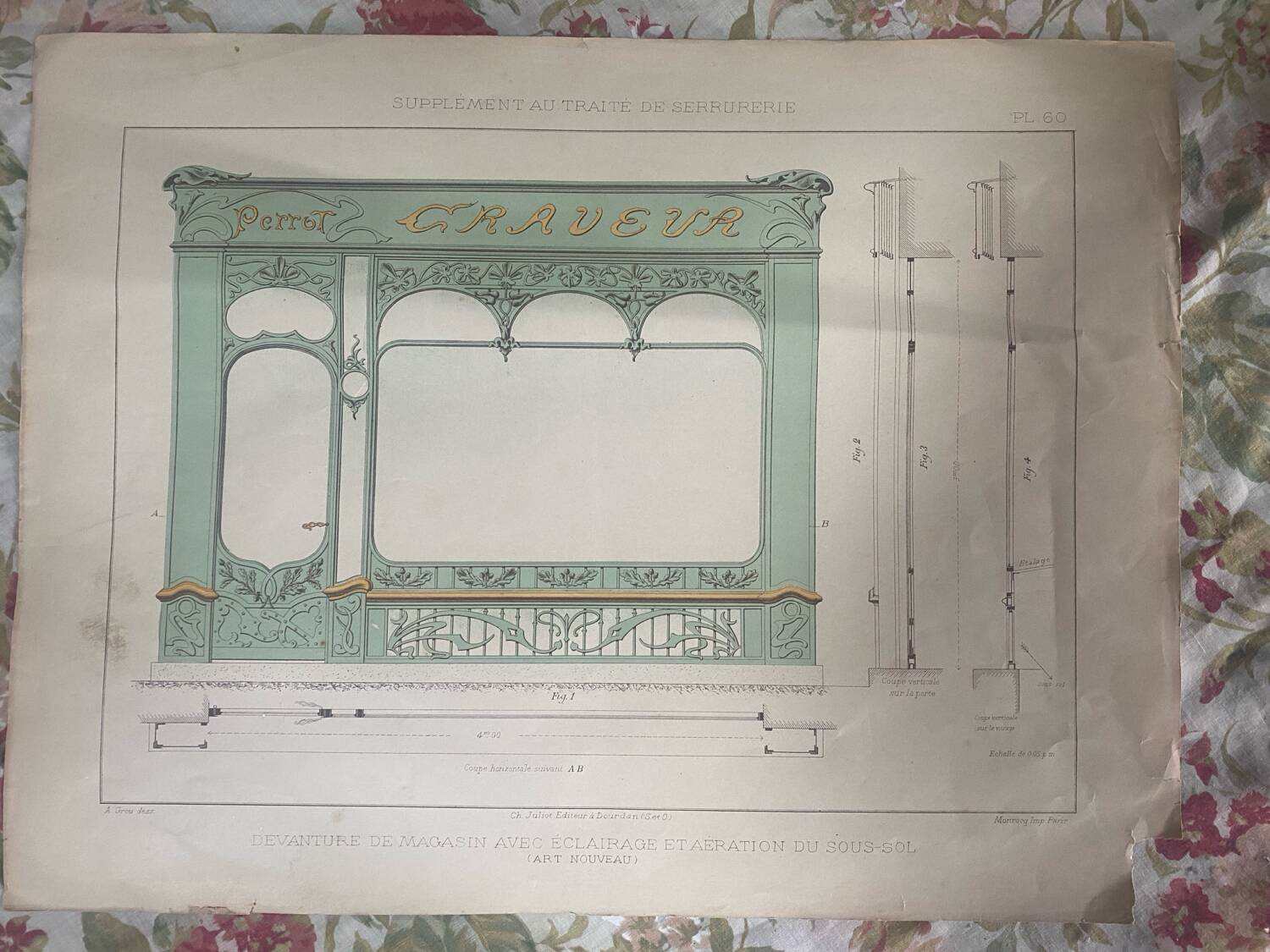 Antique Art Nouveau engraving of a shop front