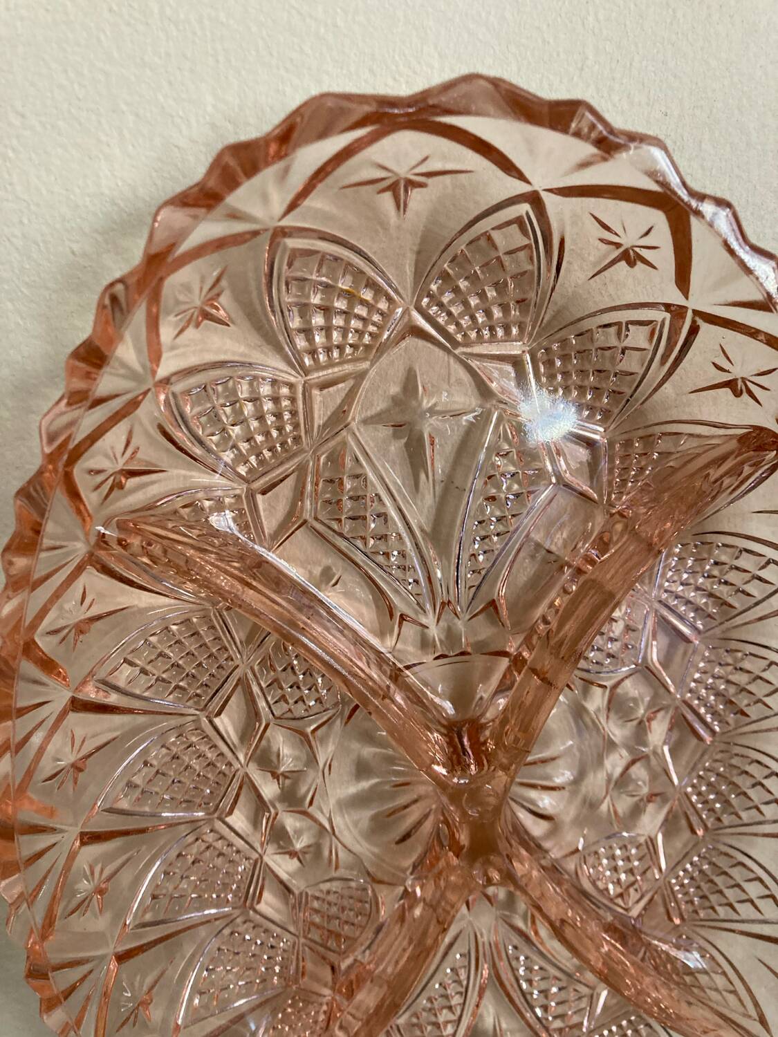 Art Deco pink molded glass aperitif serving dish