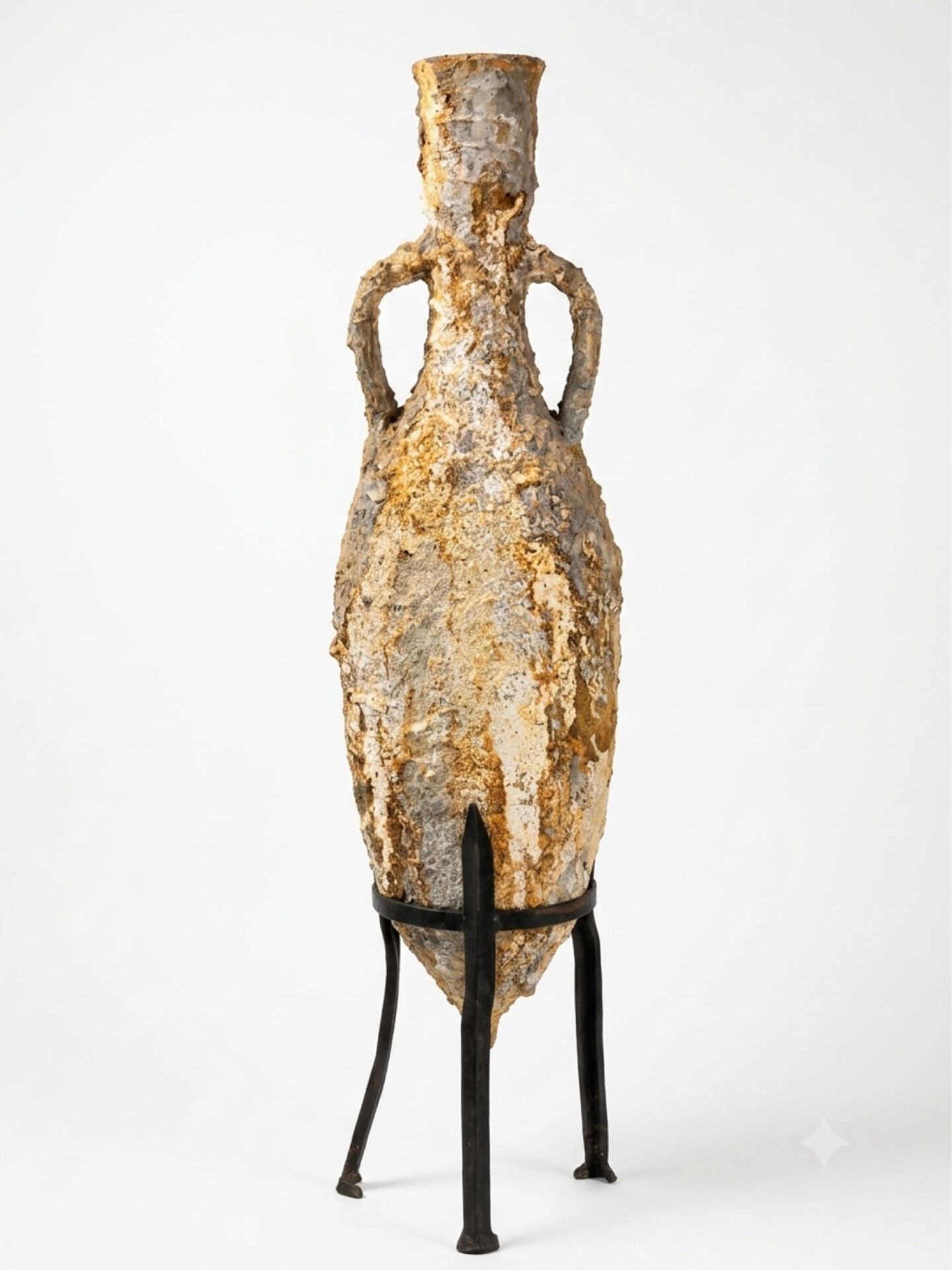 Genuine Roman amphora from marine excavation with its forged iron base.