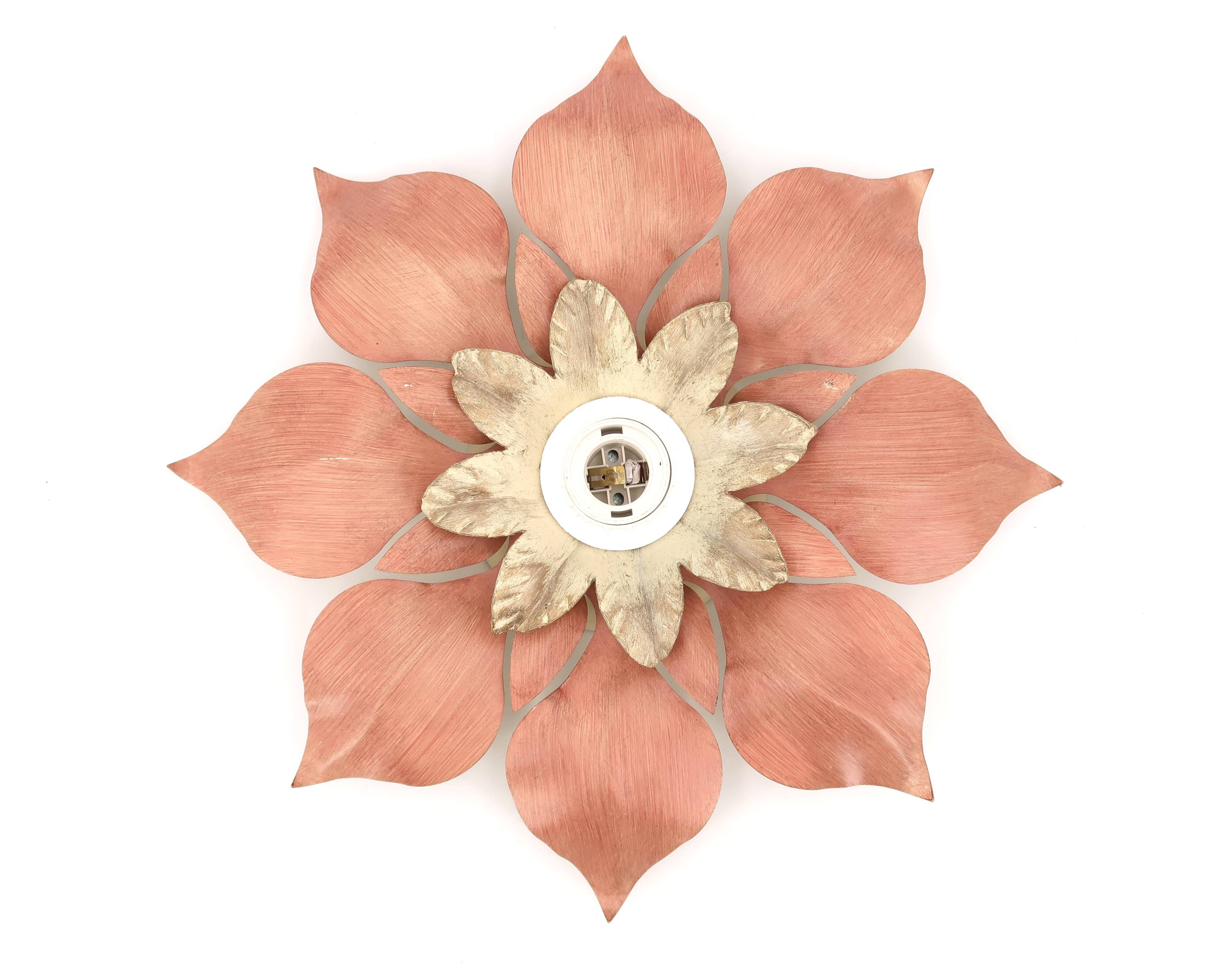 Flower wall or ceiling light in pink and beige metal, 80s