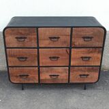 Black metal sideboard with wooden drawers