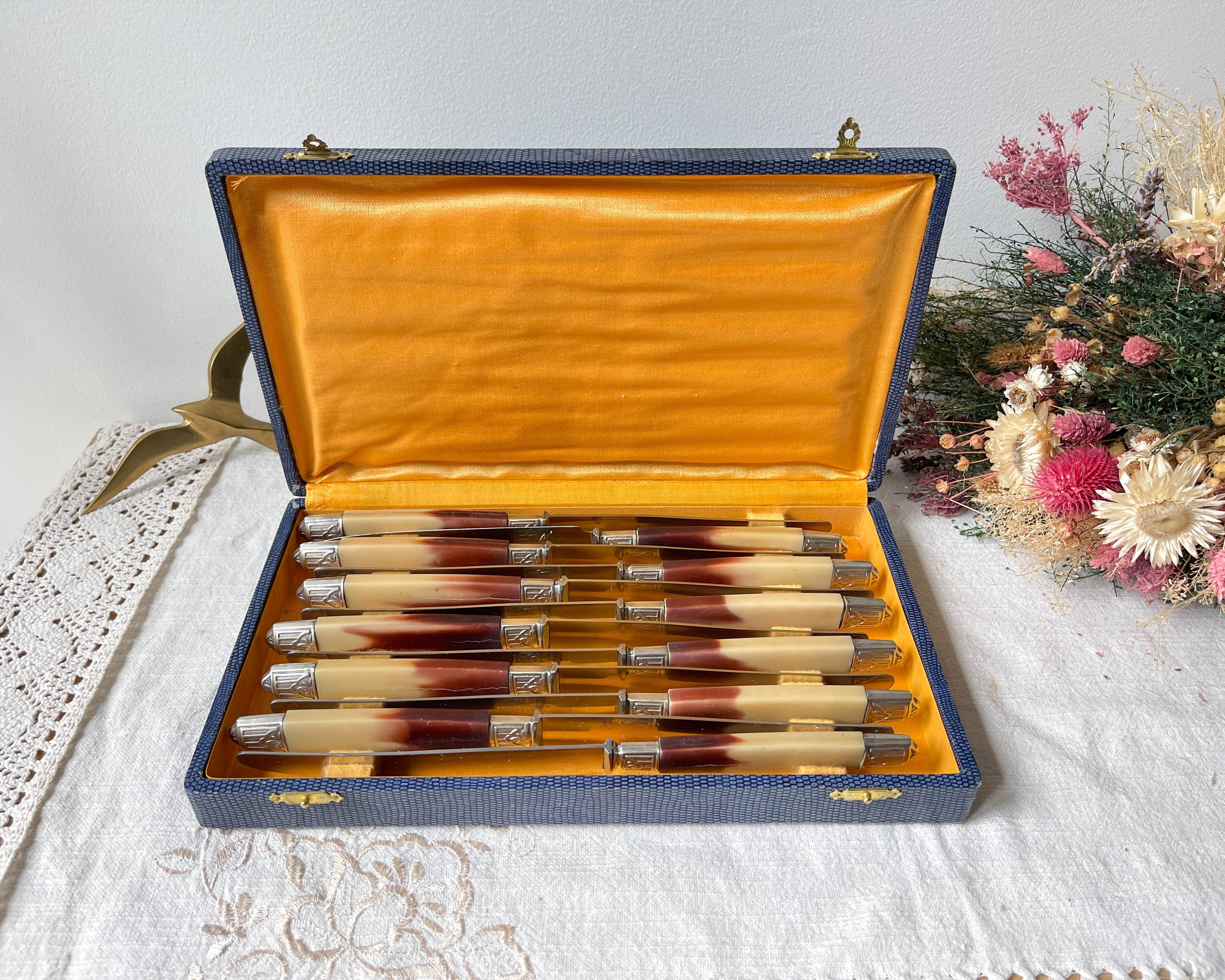 12 vintage Pradel stainless steel bakelite knives