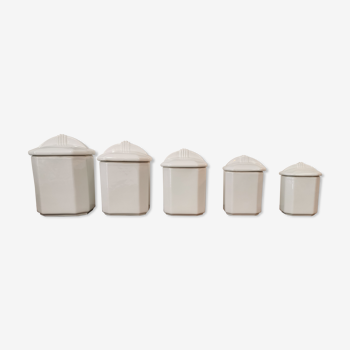 Series of 5 spice pots in art deco white earthenware