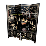 Antique Chinese bedroom screen, inlay of soapstone, jade, ivory, mother-of-pearl