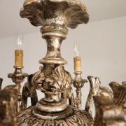Xl Large Vintage Regency Mid Century Louis XV Baroque Rococo Hand Painted Carved Wood 8 Light Chandelier Floral, Italy, Florence 1920 1950
