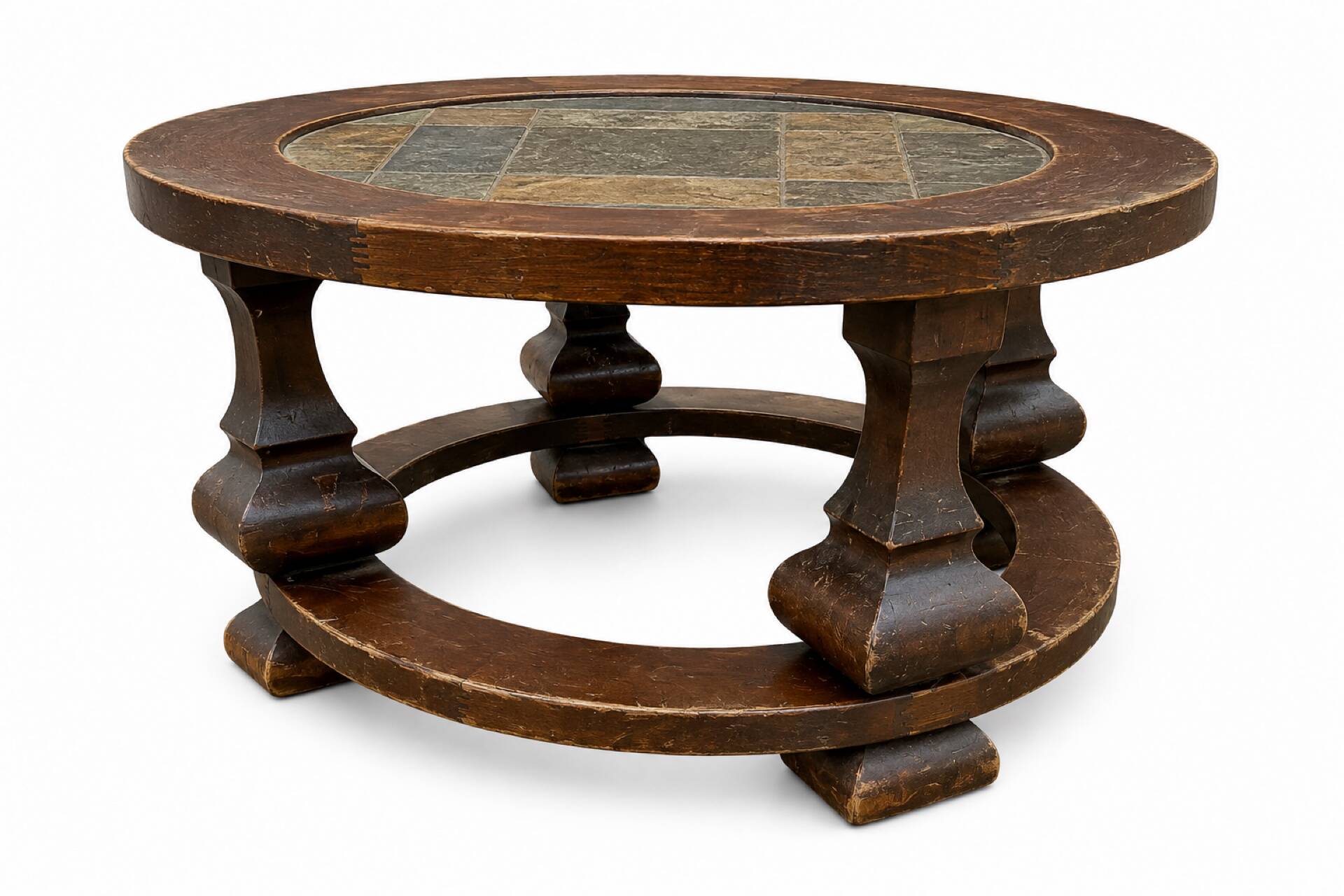 Round coffee table in stone and wood