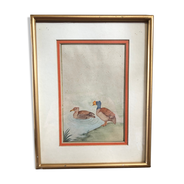 Ancien tableau dessin aquarelle vue canards + cadre doré vintage